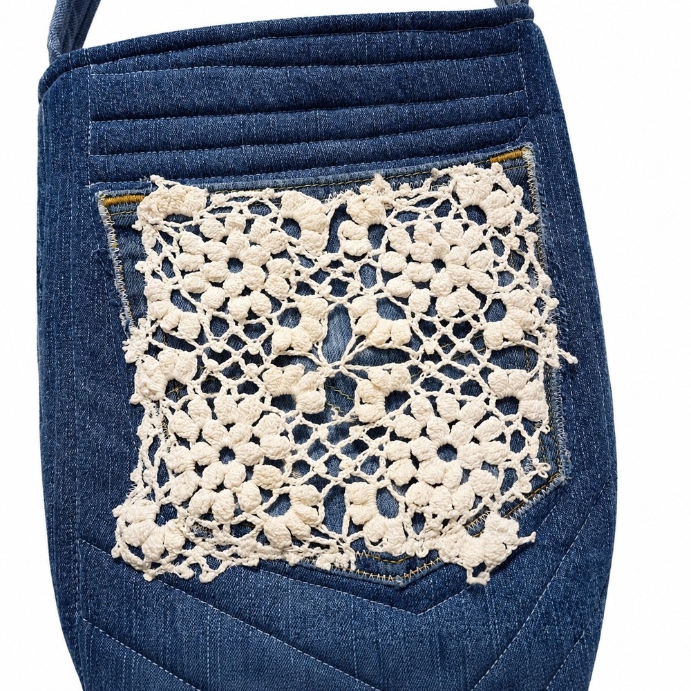 Carolina Blues Handmade Denim Crossbody Purse Jean Crochet Lace Pocket Upcycled - Picture 6 of 8